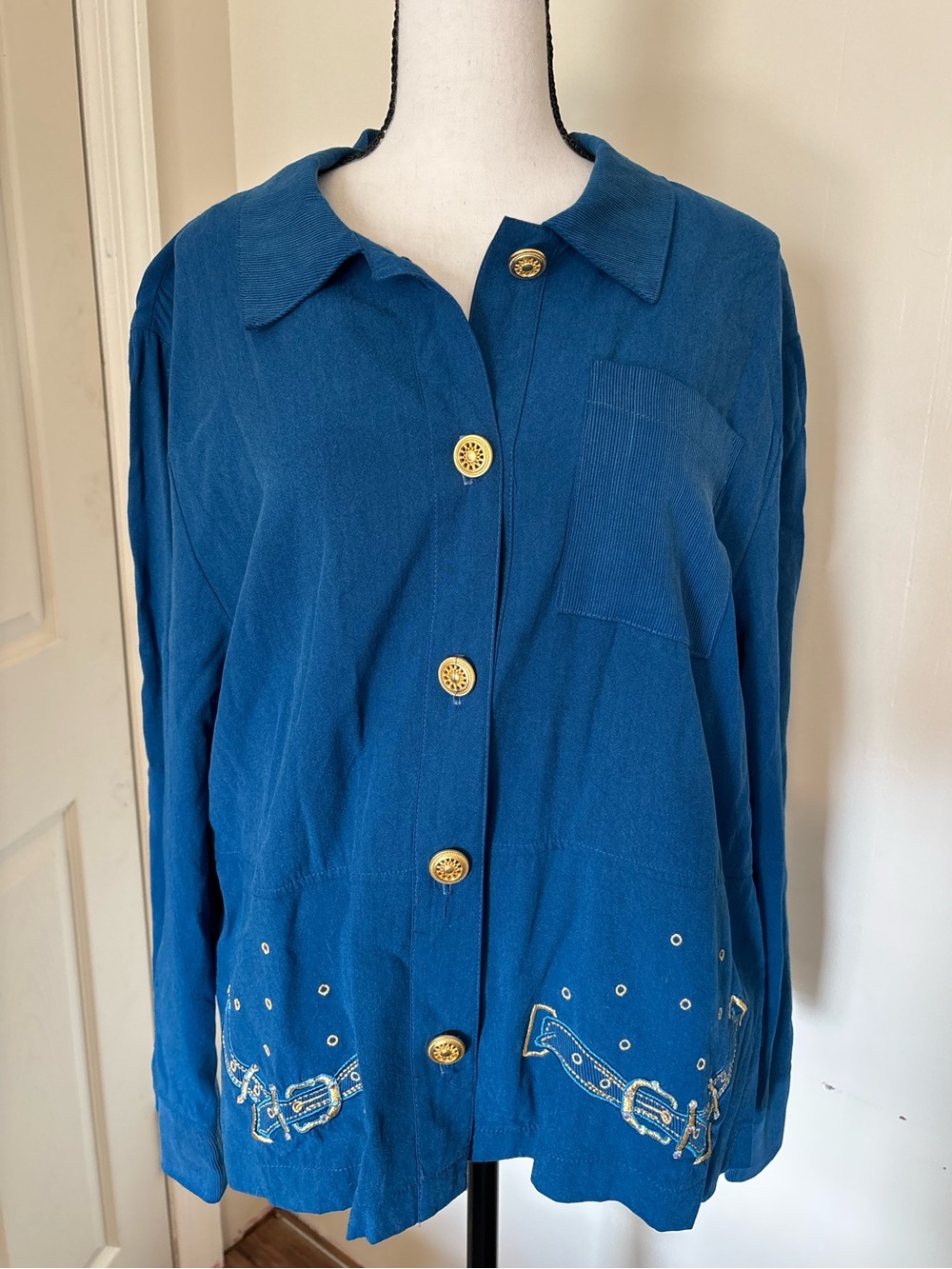 Vintage Saint Germain Blue Tencel Retro Embellished Button Down Top 90s Medium